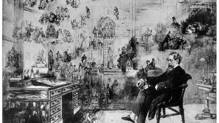 Drawing of Charles Dickens in his study